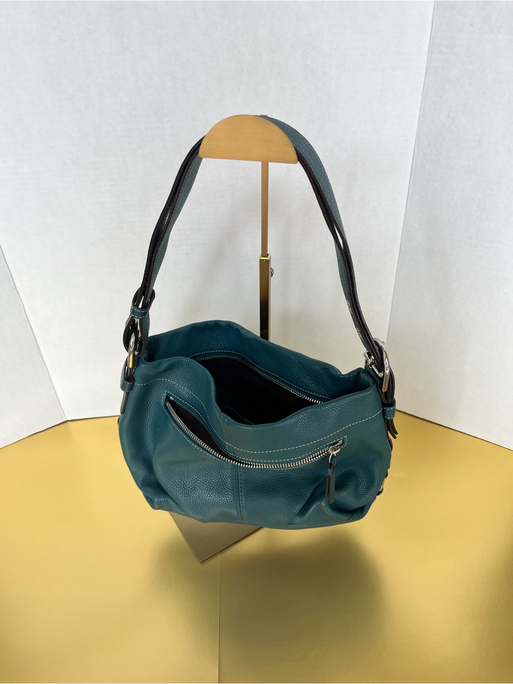 Coach Teal Pebbled Leather Hobo Shoulder Bag Silver - Picture 2 of 8